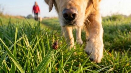 Fototapeta premium Infectious tick on grass near pet and owner in nature park for veterinary safety concept