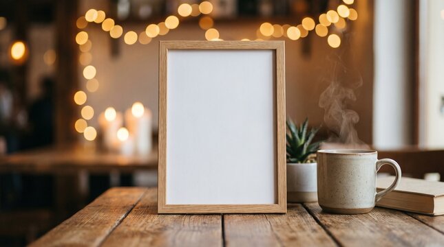> Mockup de quadro de madeira em branco sobre mesa r&uacute;stica com x&iacute;cara de caf&eacute; fumegante e luzes bokeh ao fundo