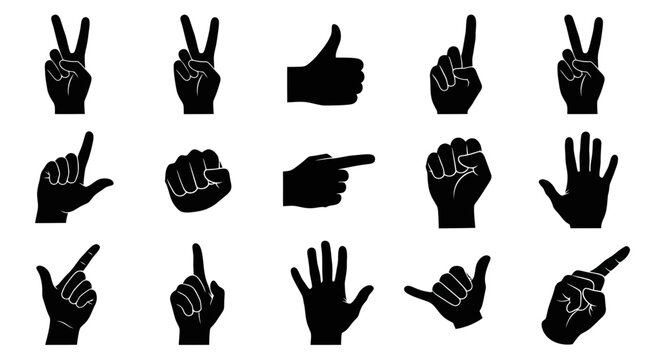 Set of Hand Gestures Silhouettes: Victory, Thumbs Up, Pointing, Fist, Open Palm