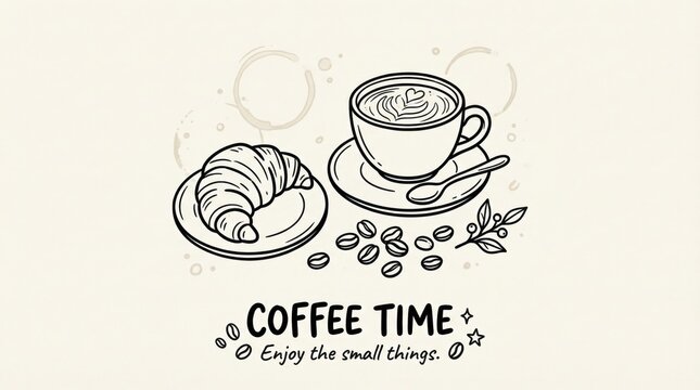Coffee time minimalist illustration with cup croissant and coffee beans