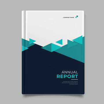 A professional business book cover template featuring a minimalist geometric design with teal triangles on a navy blue background for annual reports and corporate branding.