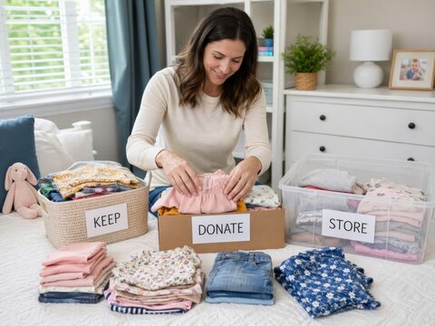 Sorting outgrown children clothing into keep donate and store categories at home