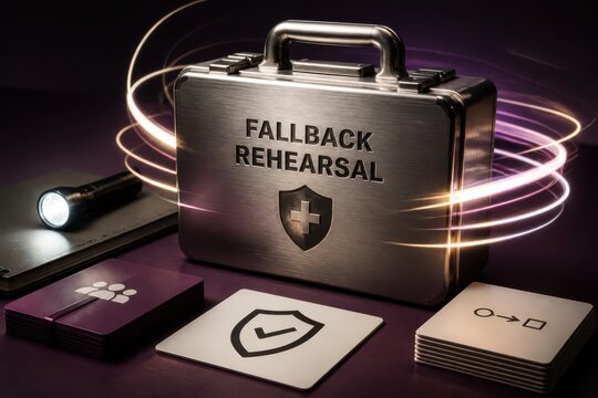 Cybersecurity backup and business continuity concept with fallback rehearsal briefcase and glowing protective light trails