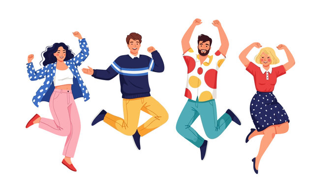 Jumping people, happy friends, colorful illustration, vector characters