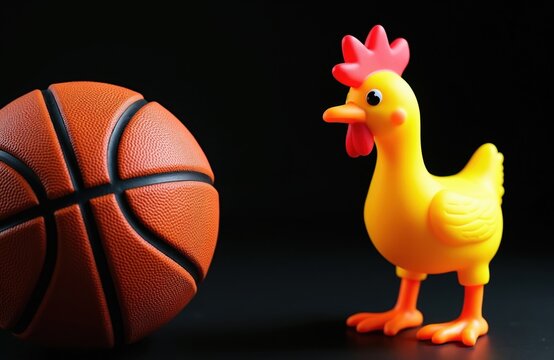 Yellow rubber chicken toy stands near orange basketball on black background. Funny, quirky concept for sports humor or unexpected game strategy.