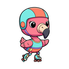Fototapeta premium Cartoon Flamingo Wearing Roller Skates Helmet.