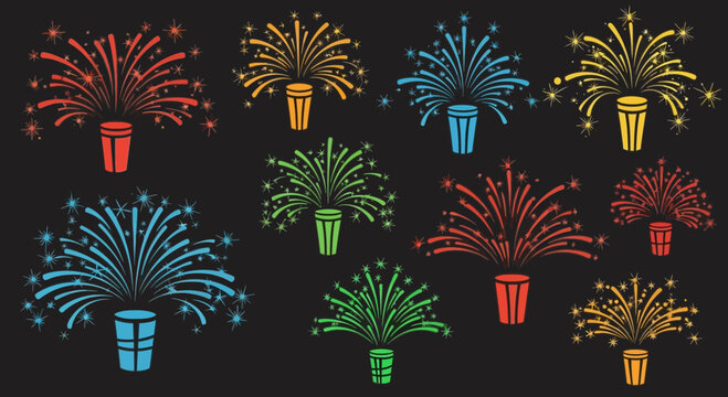 Colorful Fireworks Collection on Dark Background, Celebration and Party Elements