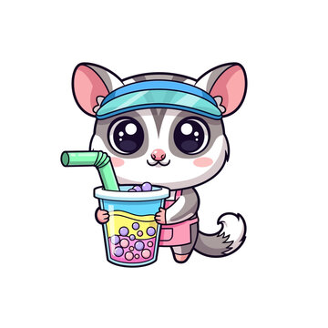 Cartoon Sugar Glider Holding Boba Drink.