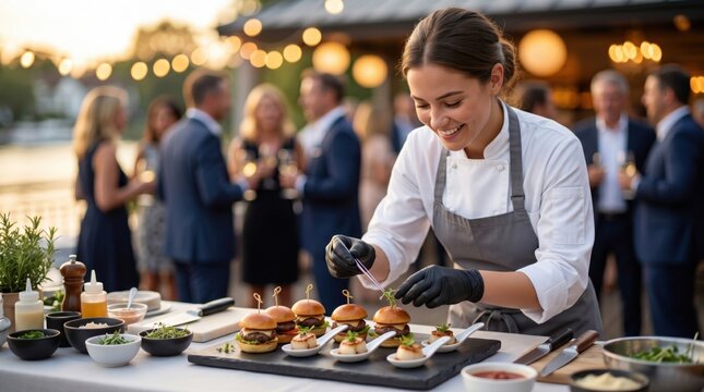 Smiling female chef in black gloves plating gourmet sliders at outdoor garden party