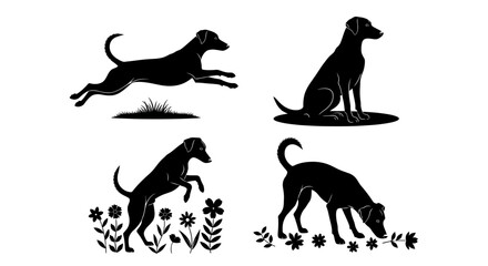 Fototapeta premium Dog silhouettes, black dog icons, canine vector set, pet illustrations