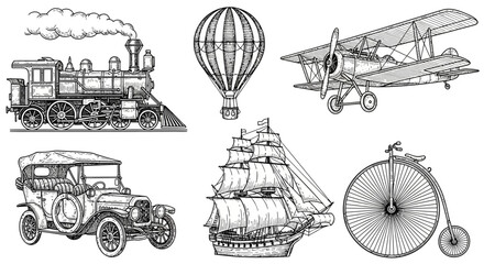 Vintage transportation icons, antique vehicles, steam train, hot air balloon, airplane, old car, ship, bicycle, 6 illustrations © Seth