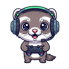 Obraz premium Cute cartoon ferret wearing headphones gaming.
