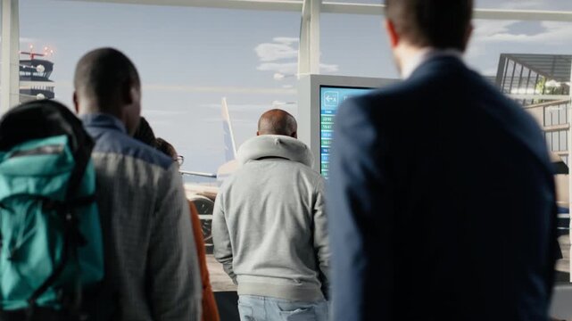 Diverse tourists with trolleys in airport checking flight status information on screen. Passengers walking in airplane terminal, looking at flight timetable on electronic announcement board