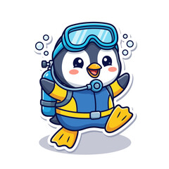 Obraz premium Scuba diving cartoon penguin character.