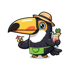 Obraz premium Toucan Wearing a Hat Holding Drinks.