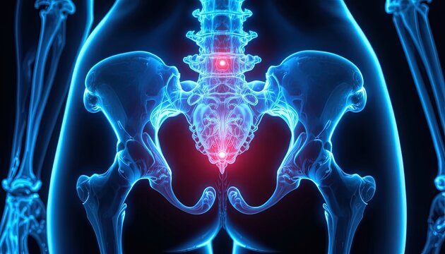 Lumbar Spine and Pelvis X-Ray with Pain Indication Illustration, for Medical Education and Healthcare Concepts