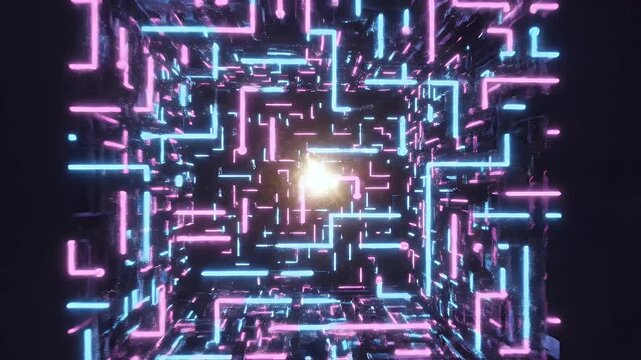 A glowing, futuristic cube is intricately illuminated with a complex network of neon blue and pink lines against a dark background, creating a mesmerizing visual effect.