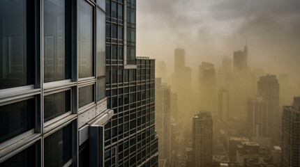 Fototapeta premium Hyper realistic skyscraper details with shallow depth of field and fading urban skyline perspective photography