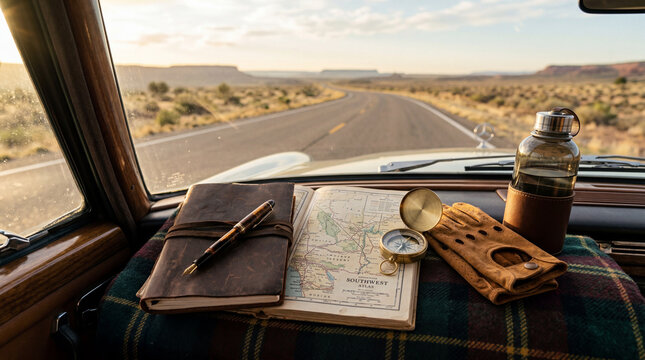 Vintage Road Atlas Leather Journal Fountain Pen and Brass Compass for Adventurous Travel Storytelling Inspiration