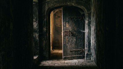 Fototapeta premium Whispers of Time: An aged, weathered wooden door stands slightly ajar, inviting a glimpse into an old castle's mysterious interior, where a warm light casts an ethereal glow.