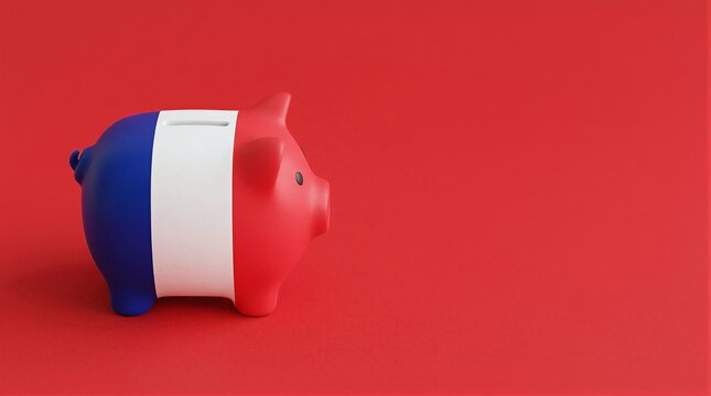 A red, white, and blue piggy bank against a red backdrop.