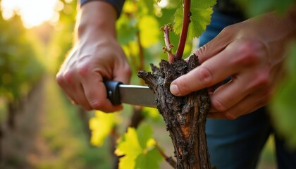 Obraz premium Man prunes grapevine with knife in vineyard during spring. Hands trim vine plant, showing viticulture skill. Sunlight shines on cultivation work.
