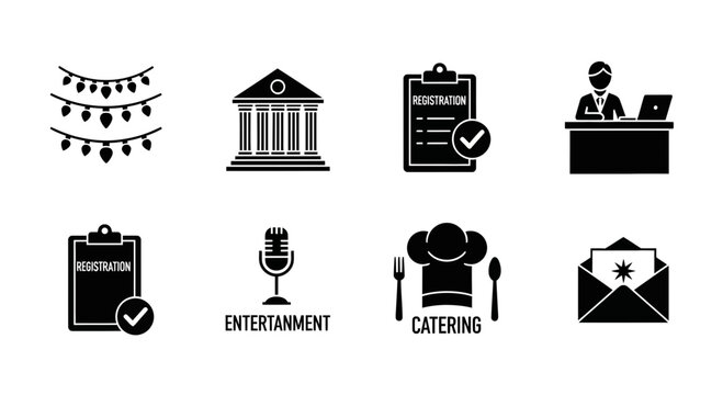 Event Planning Icons: Lights, Building, Registration, Receptionist, Microphone, Catering, Envelope