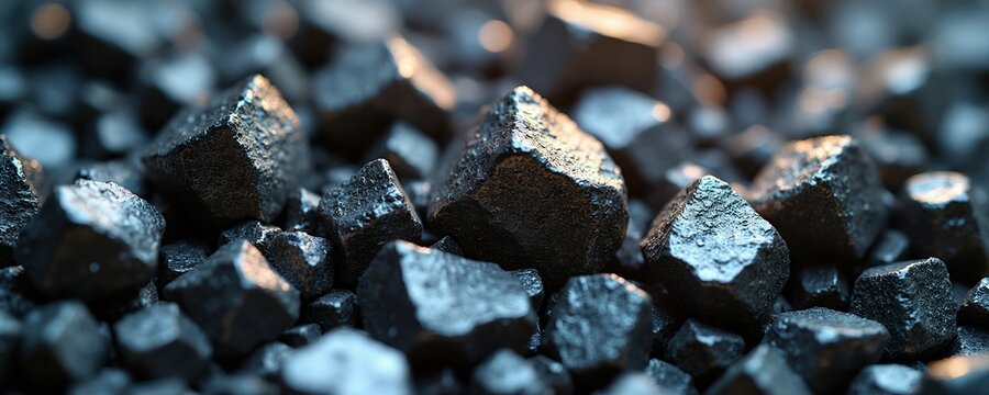 Close-up view of dark grey tungsten ore fragments. Small rough mineral pieces piled together under soft lighting. Industrial raw material substance.