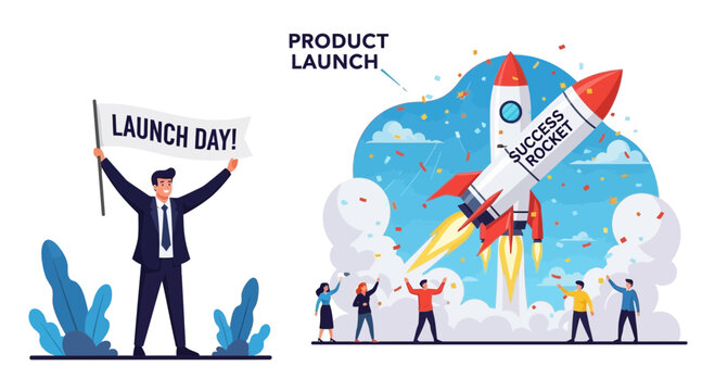 Product Launch Success: Rocket Takes Off with Excited Team Celebrating