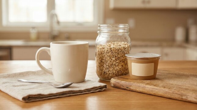 White mug with jar of oats and yogurt cup arranged on wooden kitchen table
