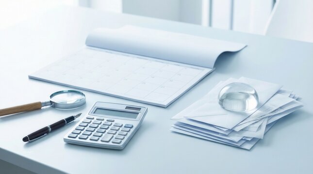 Office desk with calendar calculator pen and glass paperweight arranged neatly