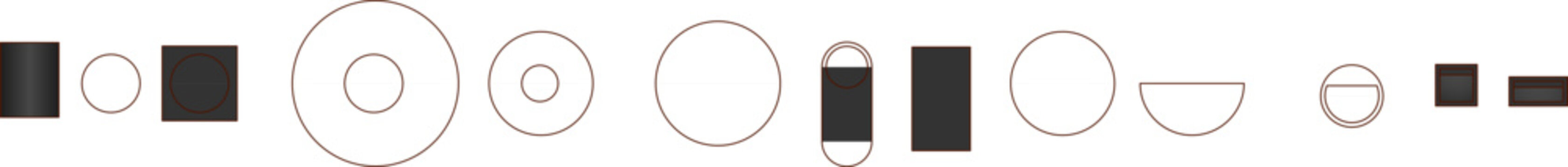 Collection of basic 2D geometric symbols including rectangles, circles, and rings. Minimalist line art for technical drawings or floor plans.
