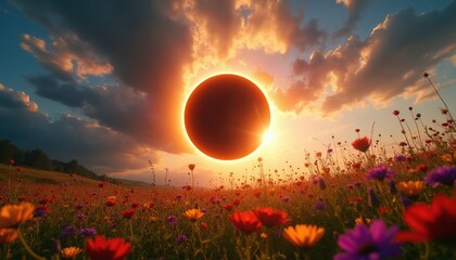 Fototapeta premium Full solar eclipse occurs over blooming flower field at sunset. Sun corona shines brightly around dark moon disk. Colorful wildflowers sway in gentle breeze under dramatic sky.