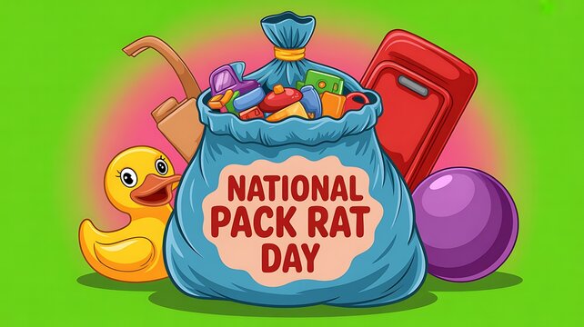 National pack rat day illustration with bag of items rubber duck trash can national celebration collection