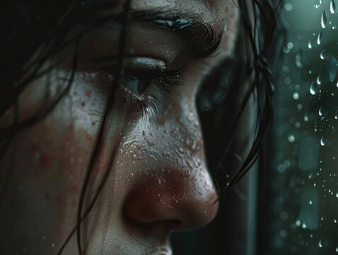 Close-up of thoughtful woman's face with raindrops on window glass