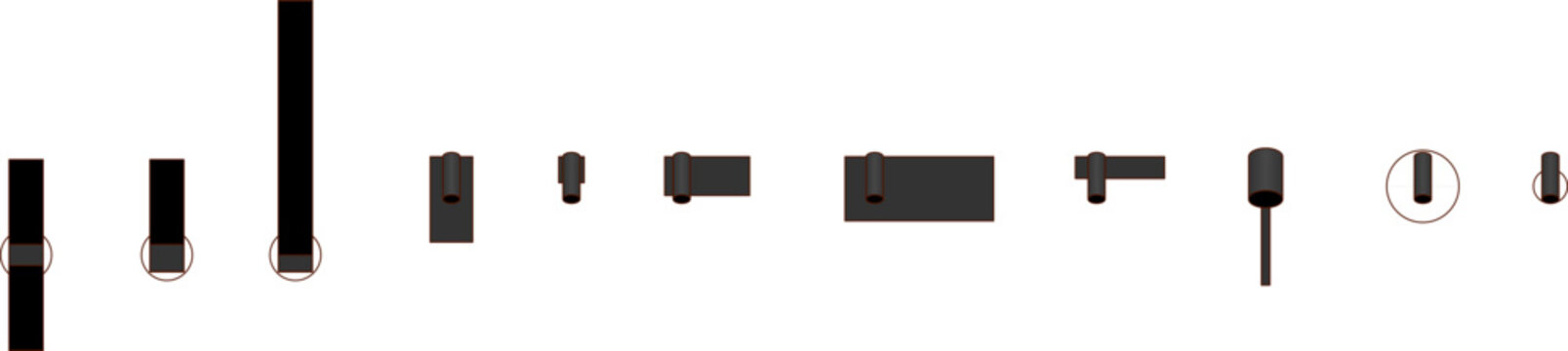 Collection of door and cabinet hardware including handles, pulls, knobs, and locks in various sizes and mounting styles. Monochrome technical illustration.