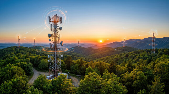 A sunset scene shows mountains with multiple communication towers. The towers are surrounded by trees. Signal waves appear around the towers as day turns to night