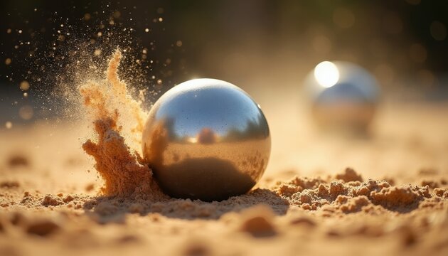 Silver petanque ball impacts sandy ground, sending dirt flying. Another ball is visible in background bokeh. Action packed game with competitive spirit and precise throw.
