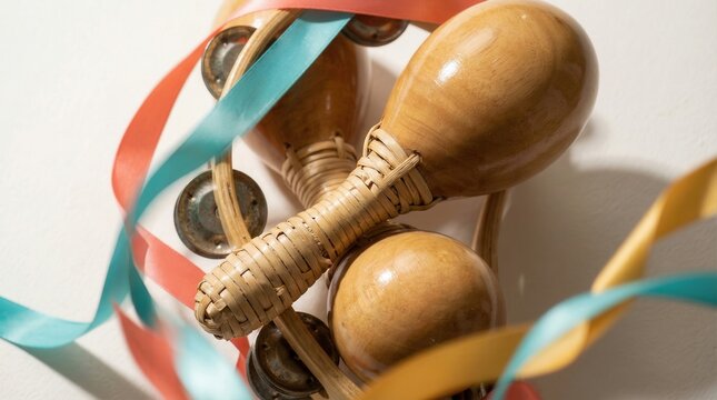 Wooden maracas with colorful ribbons and jingling tambourine accents for party music