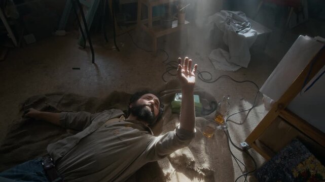High angle view of tortured male artist lying on dusty floor in his studio, touching sunbeam and drinking whiskey from bottle while suffering from severe depression
