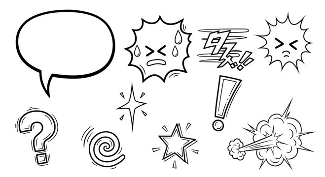 Hand-drawn comic book speech bubbles, sound effects, and symbols on white background