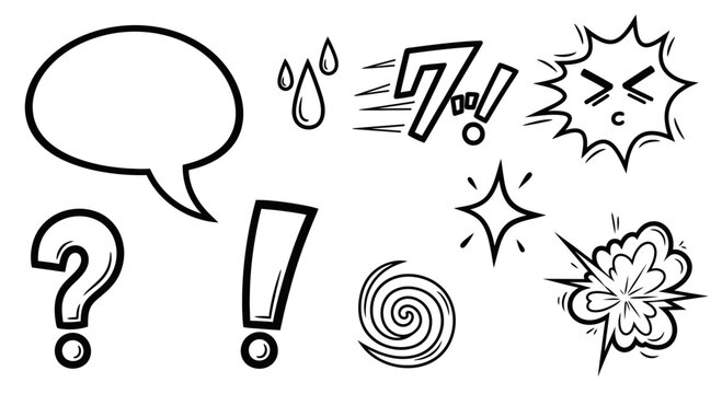 Hand-drawn comic book sound effects and speech bubble, black and white doodles