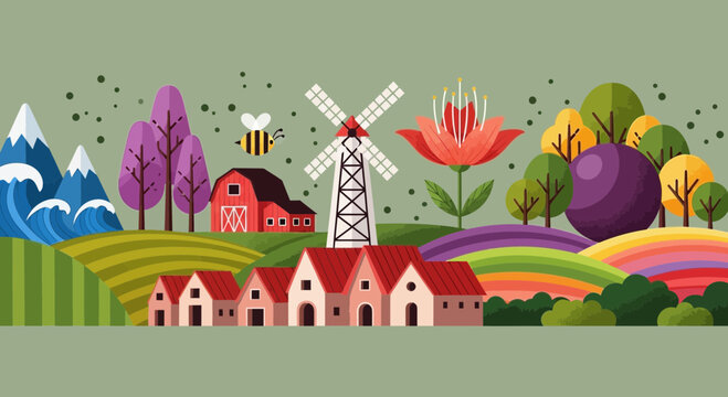 Charming village farm landscape with windmill, rolling hills, and colorful nature elements.