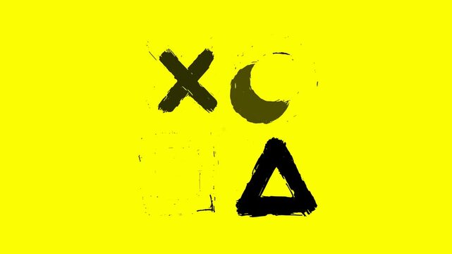 Simple abstract geometric shapes, a cross, circle, crescent moon, and triangle, drawn with thick brush strokes on a bright yellow background, evoking a playful and artistic feel