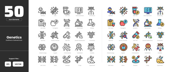 Naklejka premium Genetics icon set collection - colored outline line art style. Containing biology chromosome biotechnology crispr DNA twin experiment fertilization gene expression genetic disorder modification.