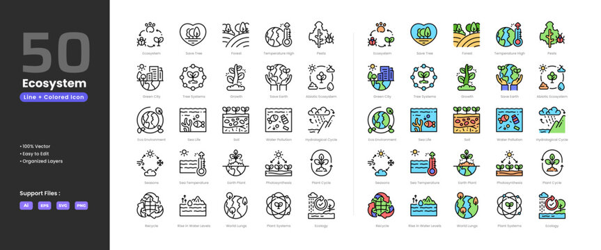 Ecosystem icon set collection - colored outline line art style. Containing abiotic earth plant eco environment ecology forest green city plant growth hydrological cycle pests photosynthesis recycle
