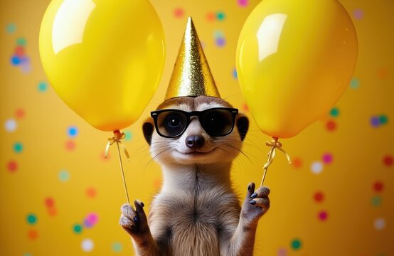 Stylish meerkat wears party hat and sunglasses holding yellow balloons. Confetti falls on vibrant yellow background. Cute animal celebrates birthday event with festive joy. Animal has cool pose.