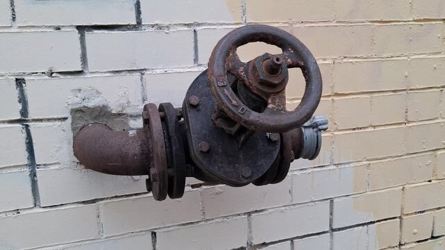 Industrial fire hydrant valve and pipe assembly mounted on white brick wall. Heavy-duty rusty iron gate valve is a key part of old fire protection system in urban setting. Water supply line