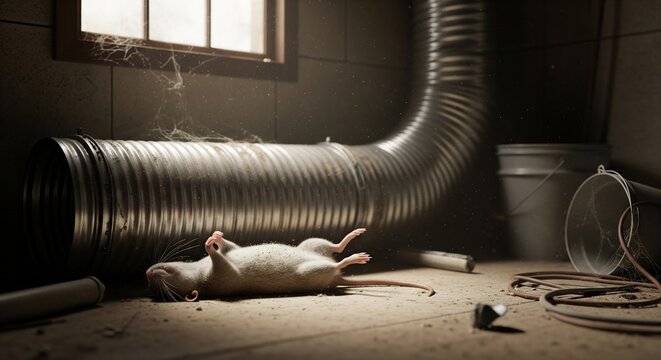 Mouse lying on back in dusty room with pipe and window