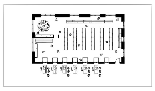 Top view supermarket shopping layout with customers carts checkout and minimal architectural line illustration